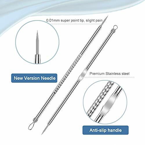Blackhead remover tool with needle and anti-slip handle, made of premium stainless steel.