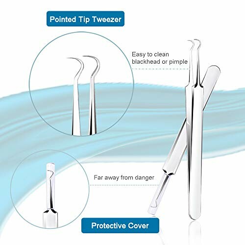 Pointed tip tweezer with protective cover for cleaning blackheads or pimples.