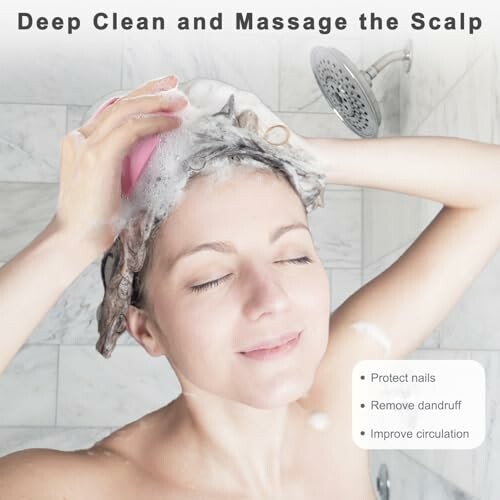 Person enjoying a scalp massage in the shower with benefits listed.